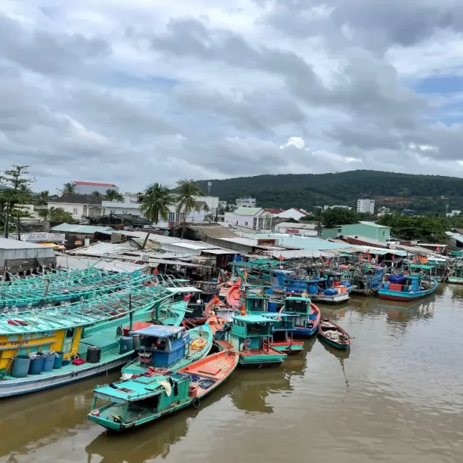 ein kleiner hafen in phu quoc. es liegen hell blaue und türkis farbende fischerboote aus holz im hafen. der himmel ist bewölkt und im hintergrund sehen wir einige wellblechhütten