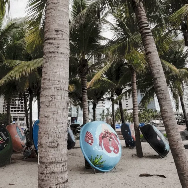 palmen am weißen sandstrand. dazwischen runde und bootsschalen zur traditionellen fischerei