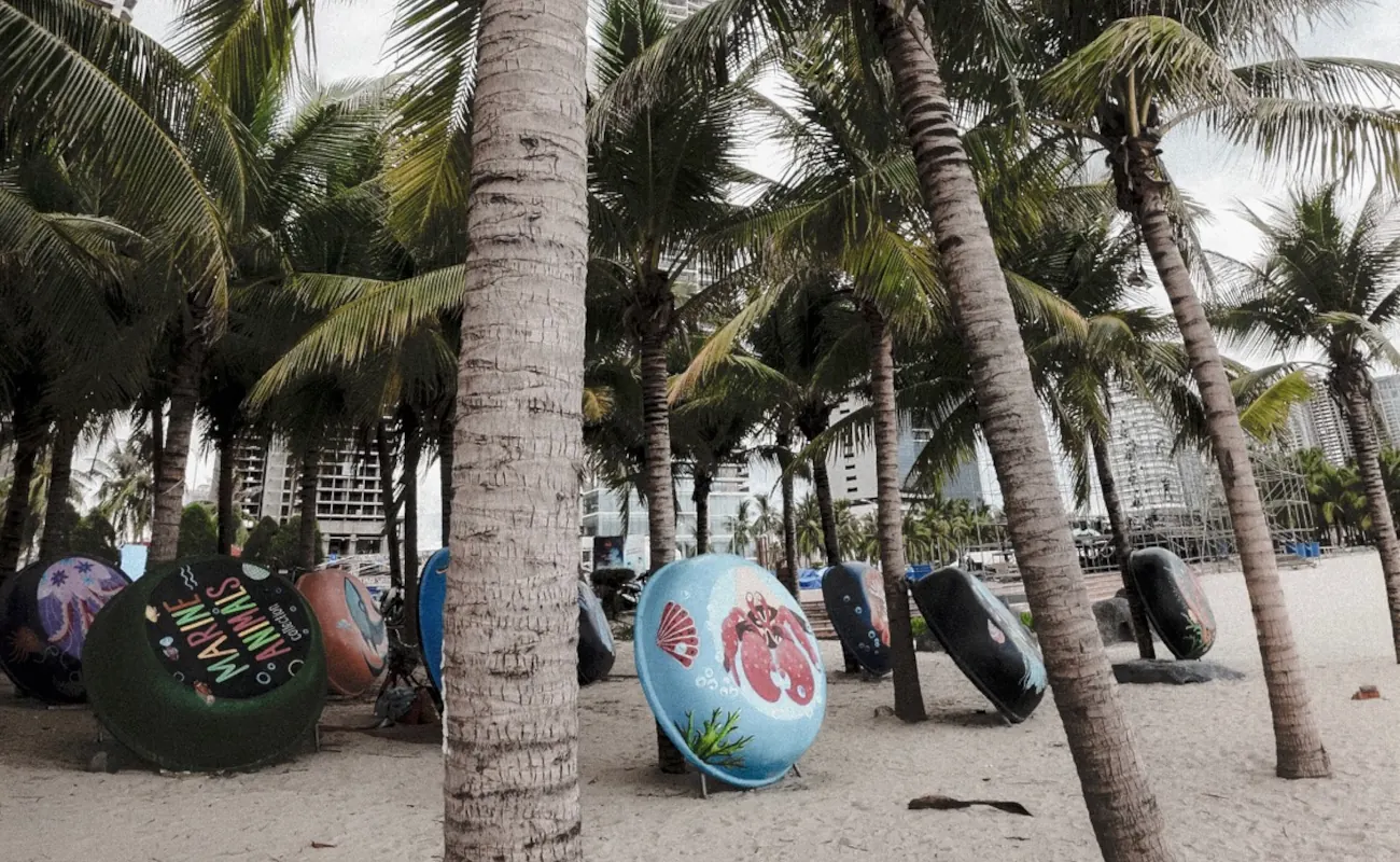palmen am weißen sandstrand. dazwischen runde und bootsschalen zur traditionellen fischerei